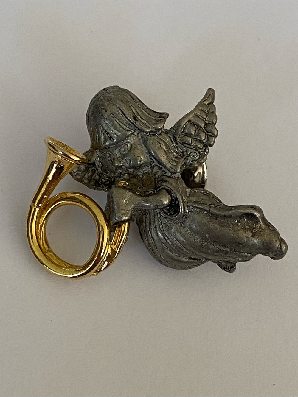 Two-Tone pewter Angel Brooch Pin with Gold Horn Accent